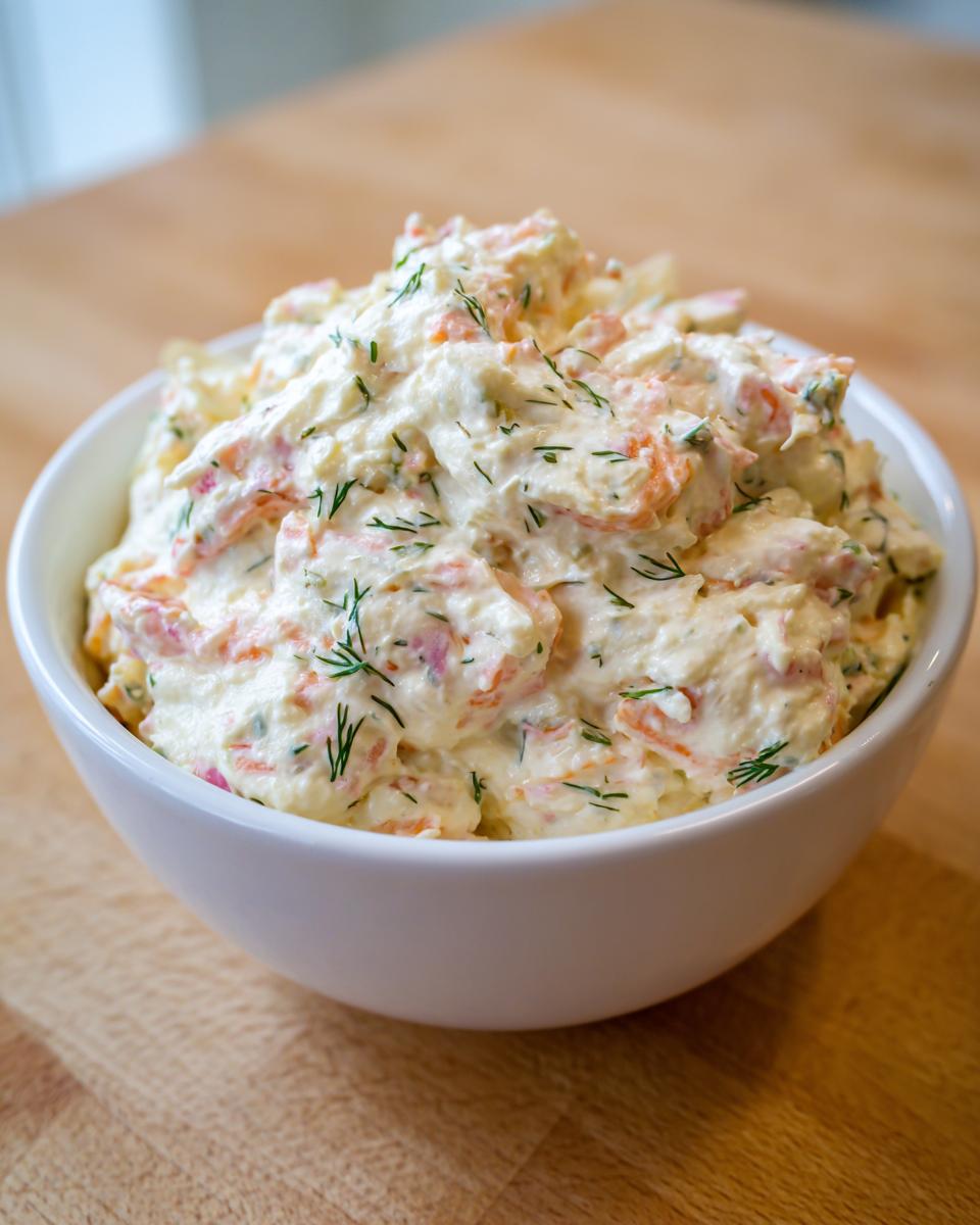 Close-up of creamy smoked salmon dip mixed with pink salmon pieces and fresh dill in a white bowl.
