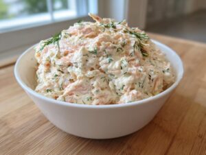 A white bowl overflowing with creamy smoked salmon dip, garnished generously with fresh dill.