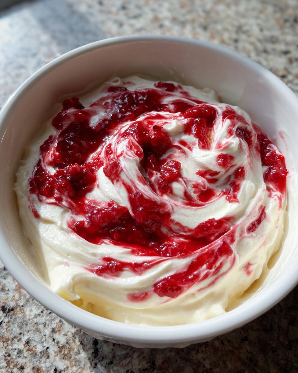 Close-up of creamy strawberry cheesecake dip swirled with bright red strawberry topping in a white bowl.