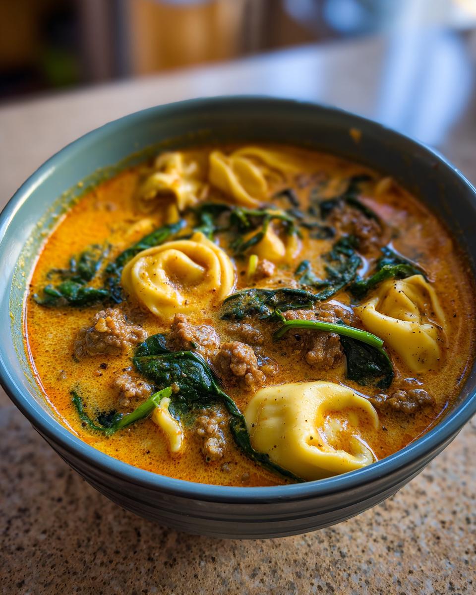Close-up of a bowl of creamy, orange-hued tortellini soup featuring tortellini pasta, ground meat, and wilted spinach.