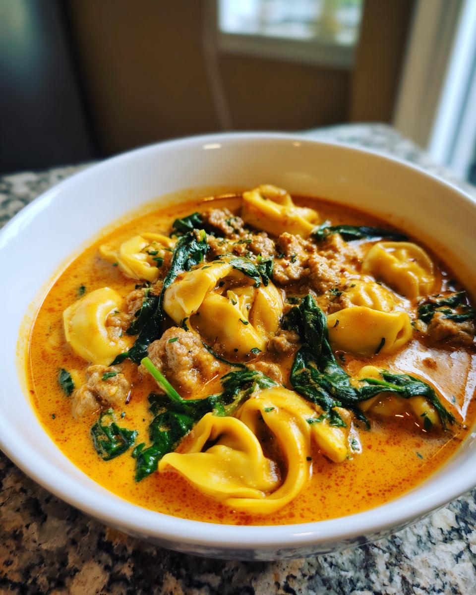 Close-up of a rich, creamy tortellini soup featuring cheese tortellini, crumbled sausage, and wilted spinach.
