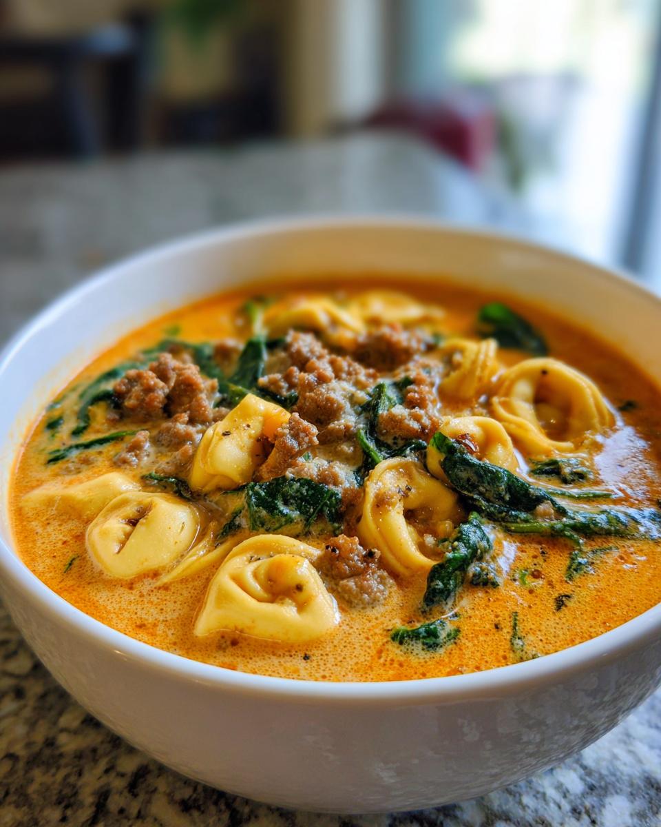 Close-up of a rich, creamy tortellini soup featuring cheese tortellini, ground sausage, and wilted spinach.