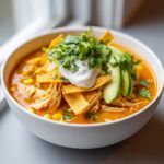 A close-up of a creamy tortilla soup bowl filled with shredded chicken, topped with tortilla strips, sour cream, avocado slices, and fresh cilantro.