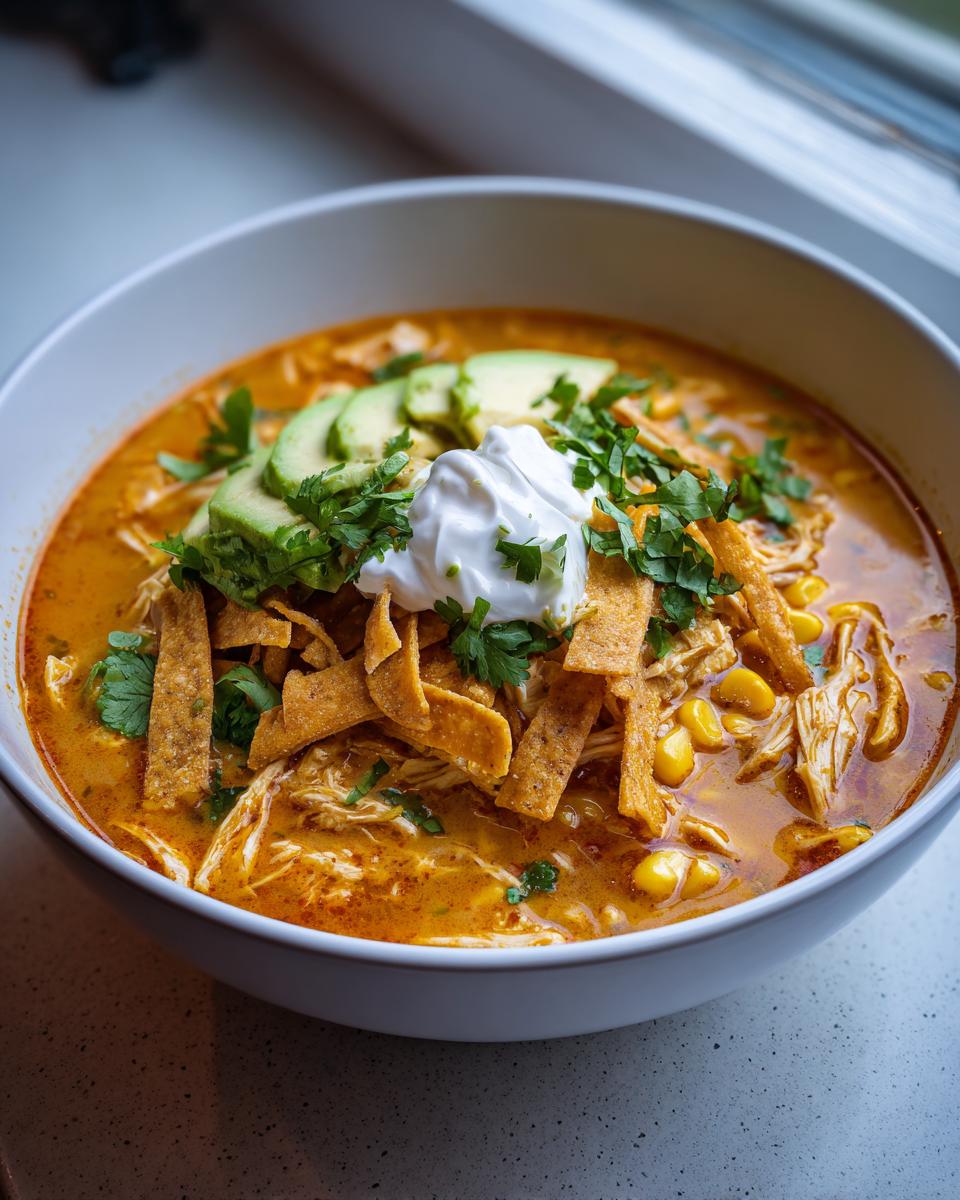 A close-up of a bowl of creamy tortilla soup topped with shredded chicken, corn, tortilla strips, avocado, and sour cream.
