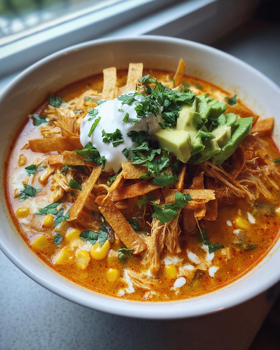 Close-up of a bowl of creamy tortilla soup topped with shredded chicken, crispy tortilla strips, sour cream, avocado, and cilantro.