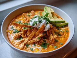 A close-up of a bowl of creamy tortilla soup loaded with shredded chicken, tortilla strips, and avocado slices.