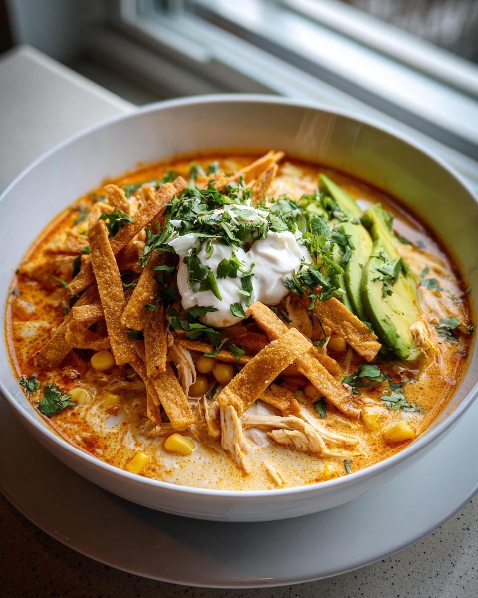 A close-up of a bowl of creamy tortilla soup topped with shredded chicken, corn, crispy tortilla strips, avocado slices, and sour cream.
