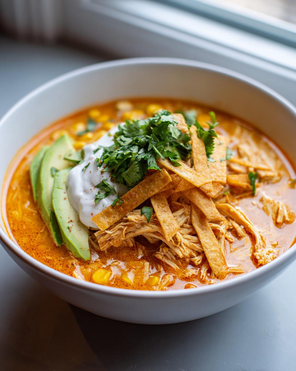 Close-up of a bowl of creamy tortilla soup, topped with shredded chicken, sour cream, avocado slices, and crispy tortilla strips.