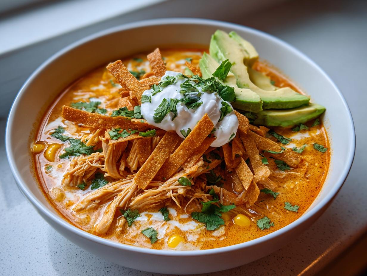 A close-up of a bowl of creamy tortilla soup loaded with shredded chicken, tortilla strips, and avocado slices.