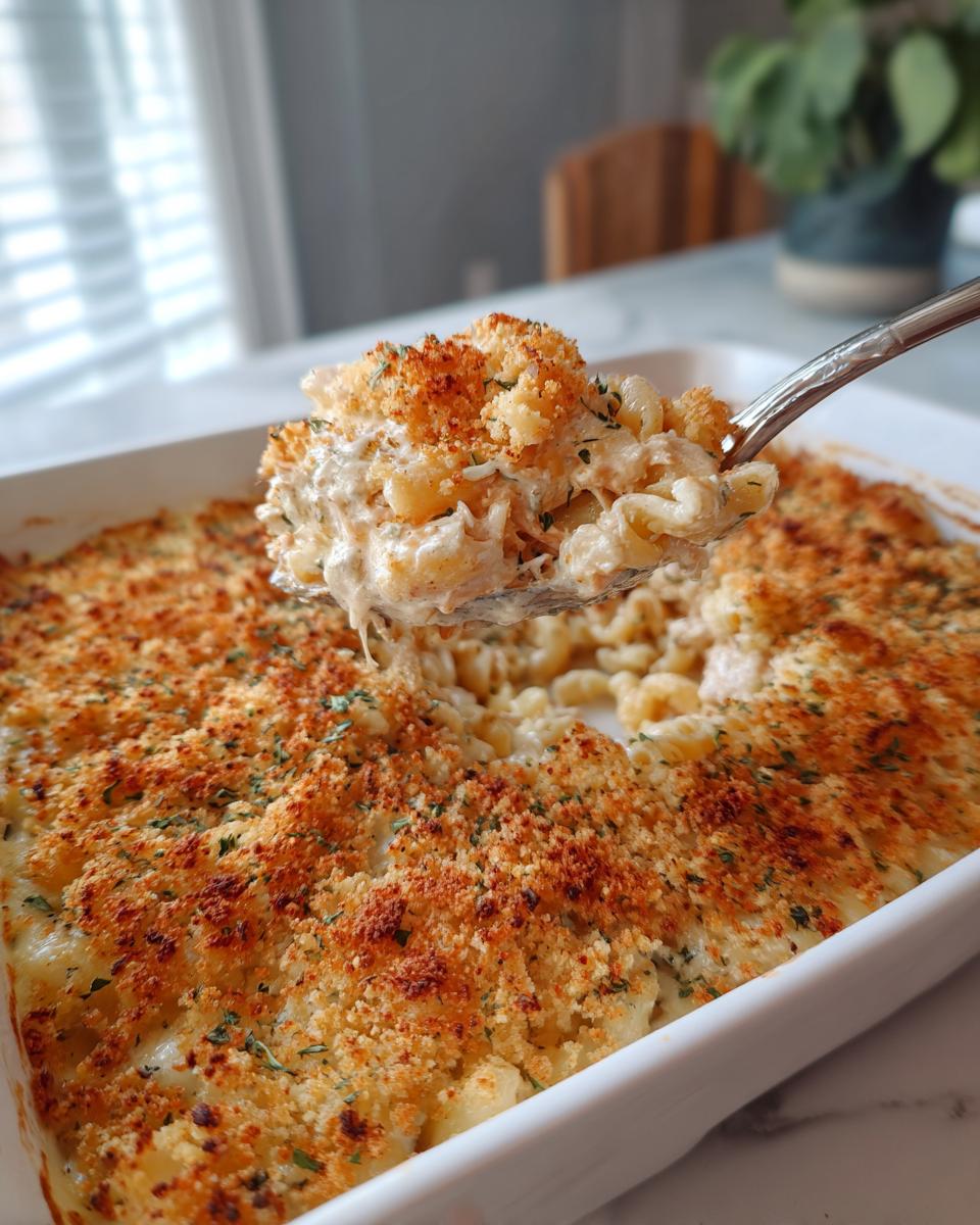 A spoonful of creamy tuna pasta lifted from a white baking dish topped with crispy, golden breadcrumbs.