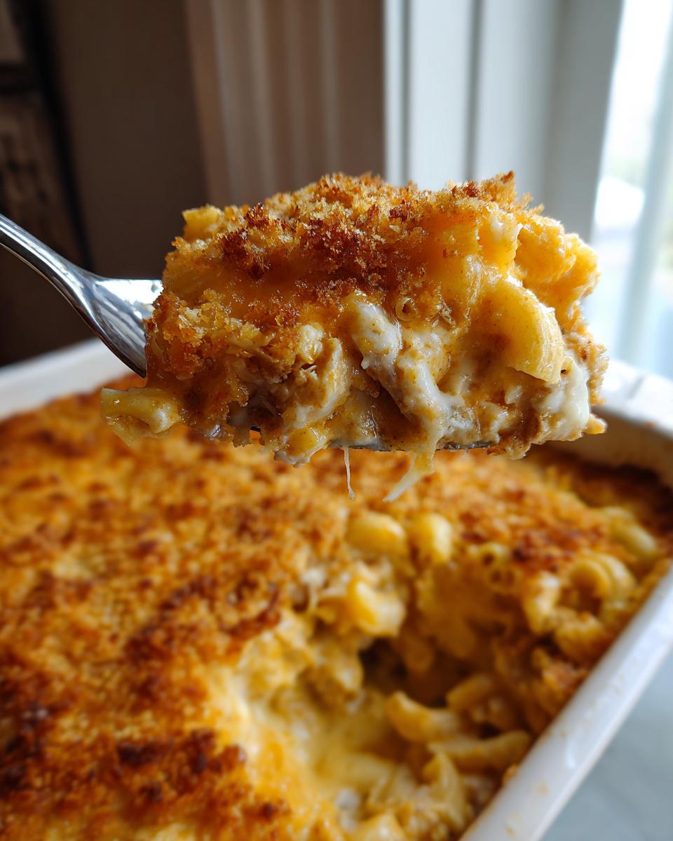 A fork lifting a cheesy, creamy portion of tuna pasta with a golden breadcrumb topping.