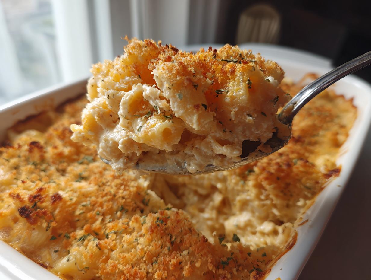 A spoonful of creamy tuna pasta lifted from a white baking dish, showing a crispy breadcrumb topping.