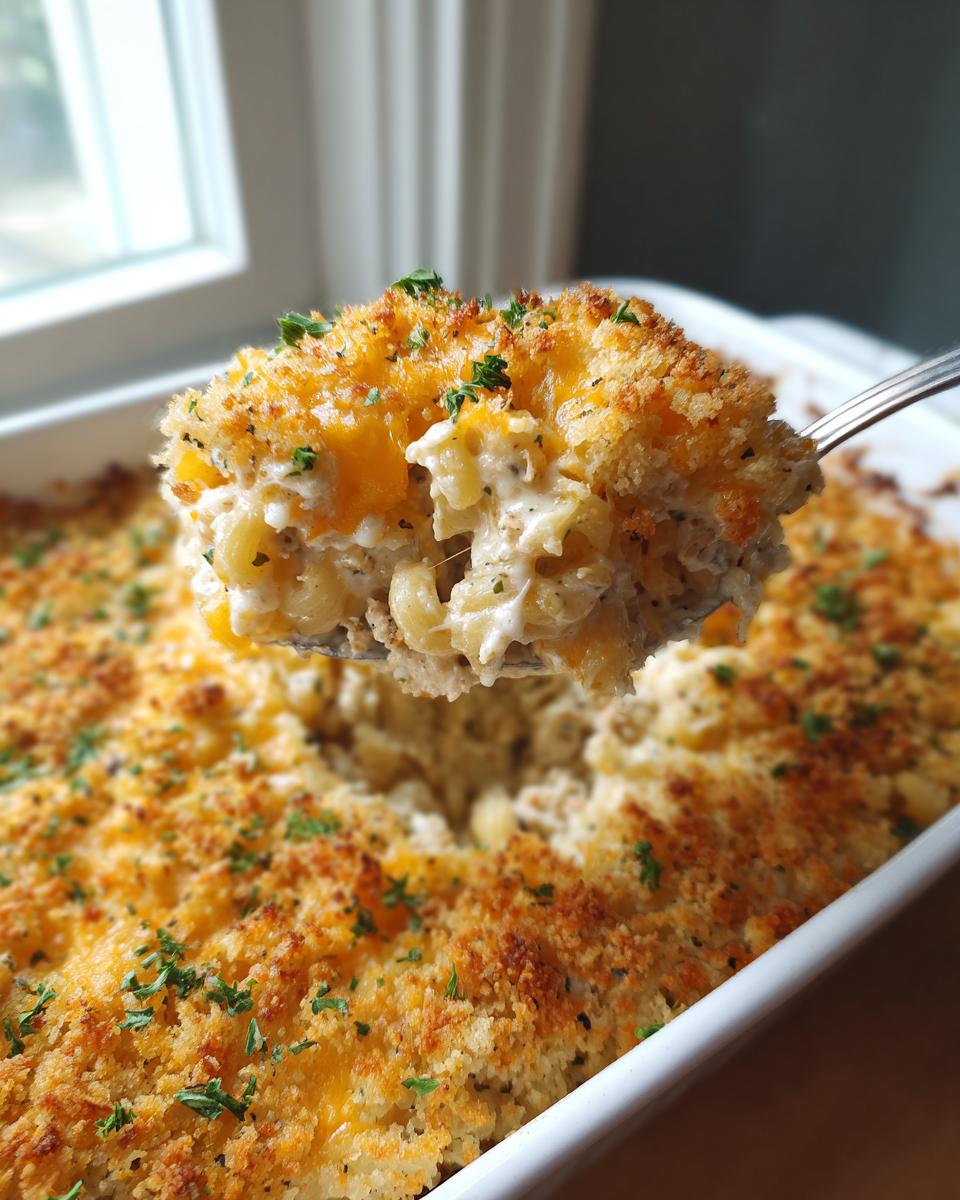 A spoonful of creamy tuna pasta lifted from a baking dish, showing a golden, cheesy, and crunchy breadcrumb topping.