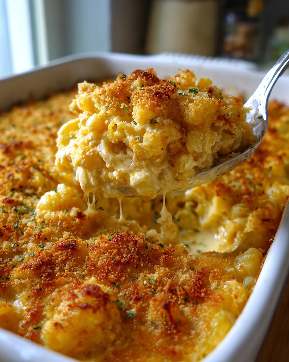 A spoonful of creamy tuna pasta being lifted from a baking dish, showing a golden, crispy breadcrumb topping.