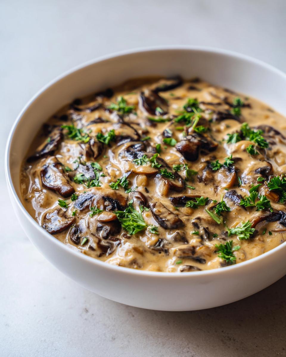 Close-up of rich, creamy white bean mushroom stew topped with fresh parsley in a white bowl.