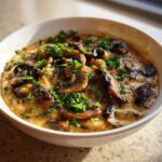 A close-up of a hearty bowl of creamy white bean mushroom stew, topped with sautéed mushrooms and fresh parsley.
