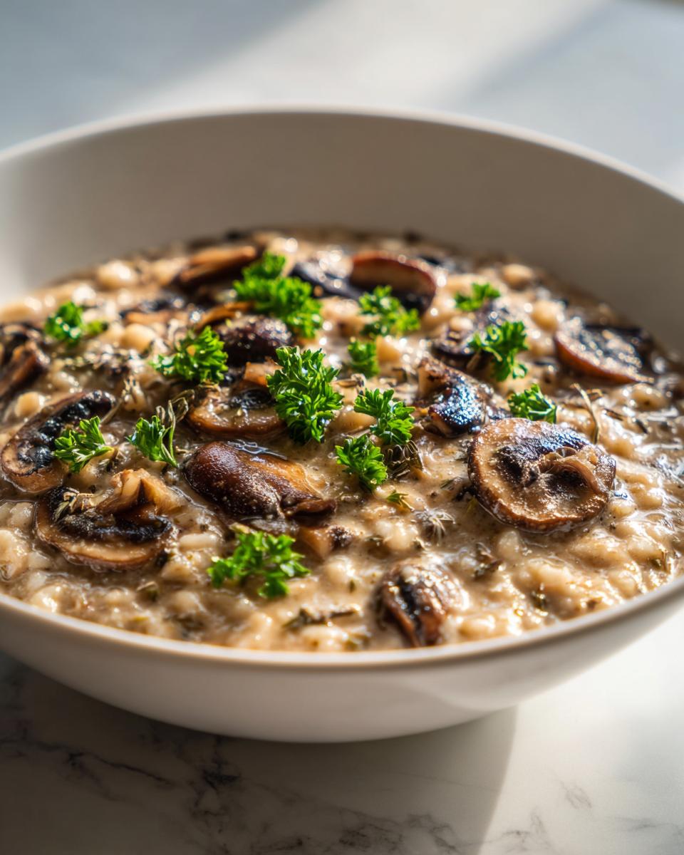 A close-up of creamy white bean mushroom stew topped with sautéed mushrooms and fresh parsley.