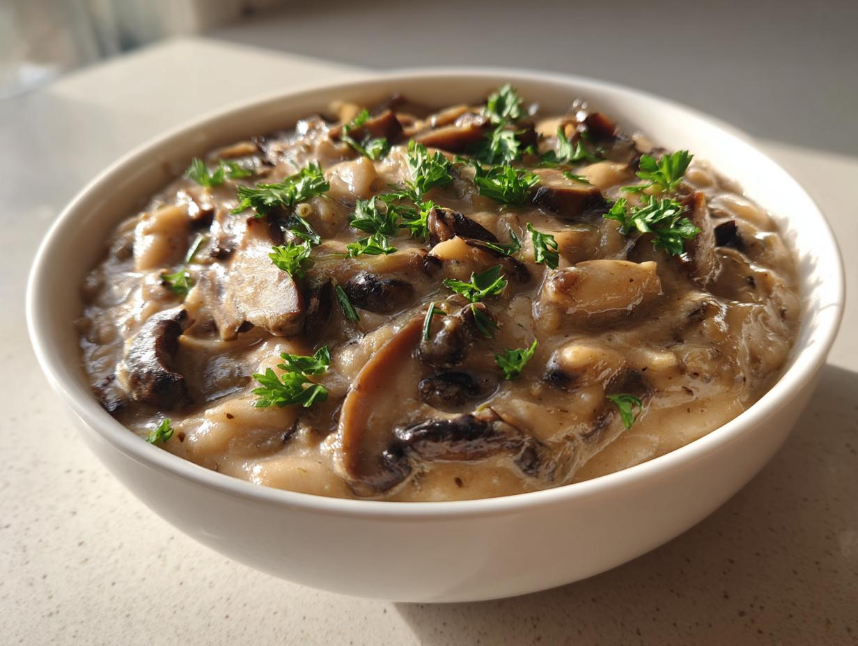 A close-up of a creamy white bean mushroom stew topped with fresh parsley in a white bowl.