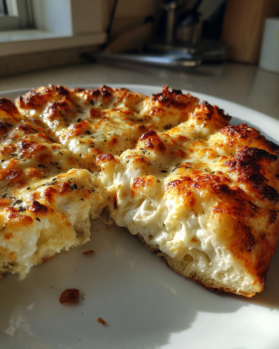 A thick slice of homemade white pizza showing a rich, creamy cheese filling and a bubbly, browned top crust.