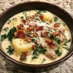 A close-up of a hearty bowl of Zuppa Toscana soup topped with sausage, potatoes, kale, bacon, and Parmesan cheese.