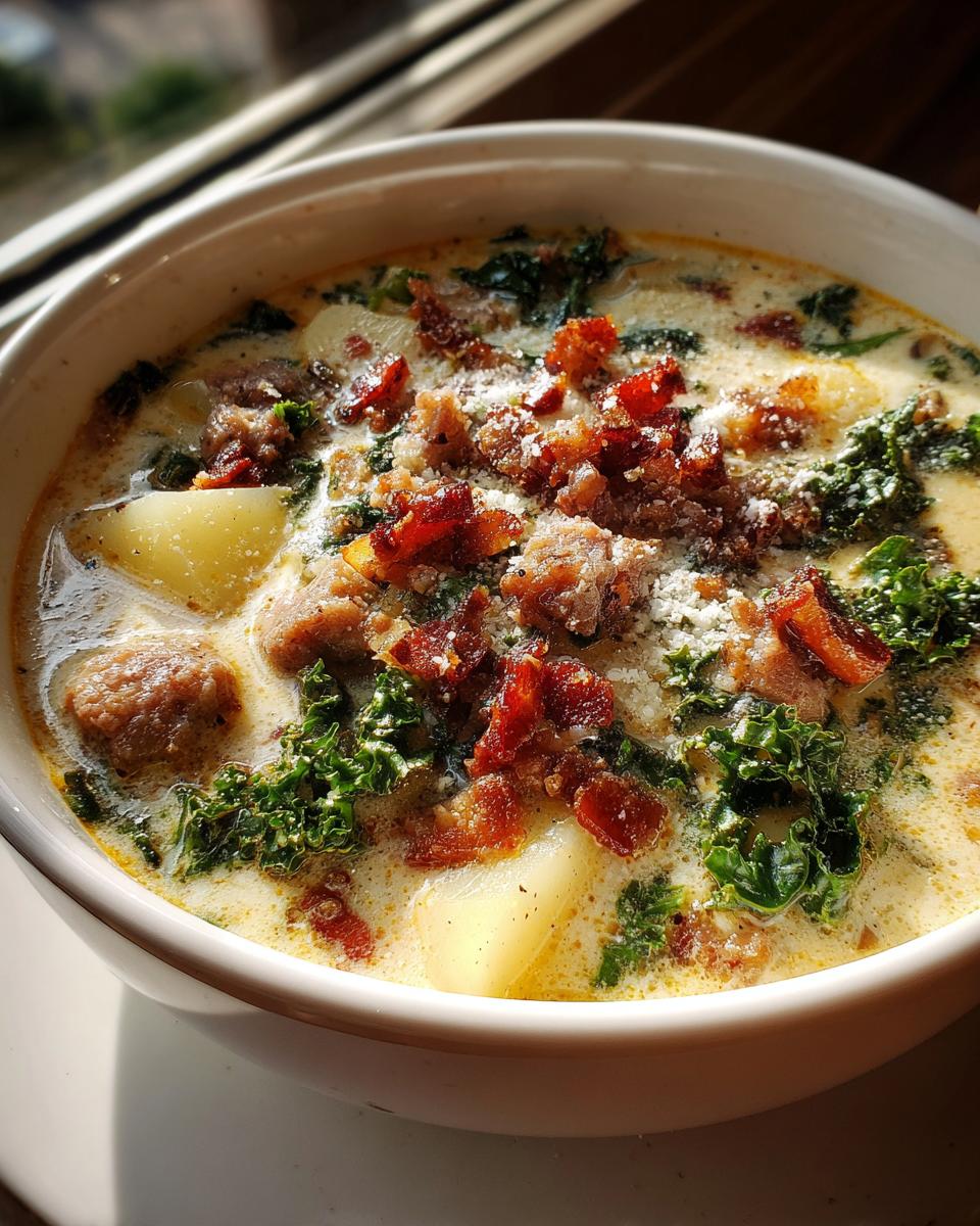 Close-up of a hearty bowl of Zuppa Toscana soup featuring sausage, potatoes, kale, and bacon topping.