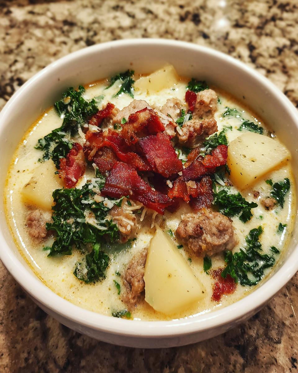 A close-up of a bowl of creamy Zuppa Toscana soup topped with crumbled sausage, crispy bacon, and kale.