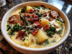 Close-up of a bowl of creamy Zuppa Toscana soup topped with sausage, potatoes, bacon, and grated cheese.
