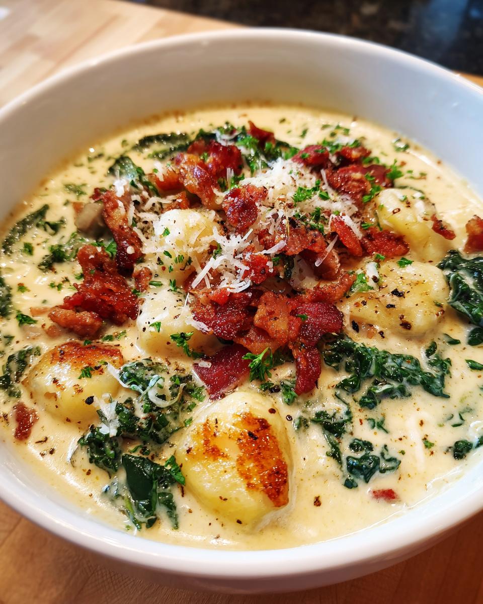 Close-up of a bowl of creamy zuppa toscana soup featuring gnocchi, kale, and topped with crispy bacon bits and grated Parmesan.