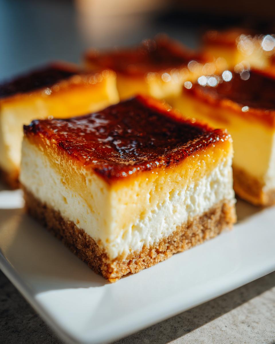 Close-up of a square creme brulee cheesecake bar showing a graham cracker crust, creamy filling, and a dark, caramelized sugar top.