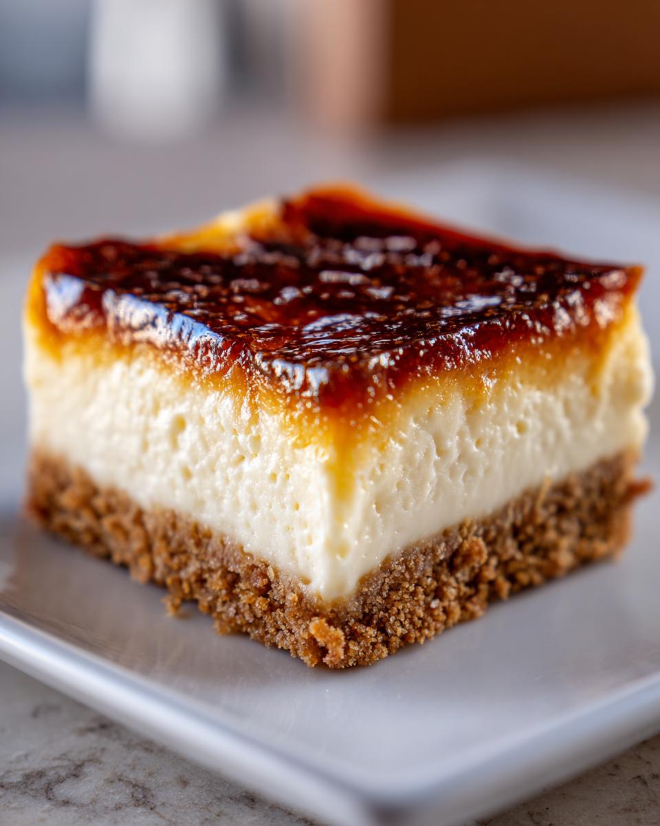 Close-up of a single square bar of creme brulee cheesecake with a graham cracker crust and caramelized top.