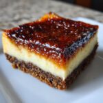 Close-up of a square slice of creme brulee cheesecake with a dark caramelized top and graham cracker crust.