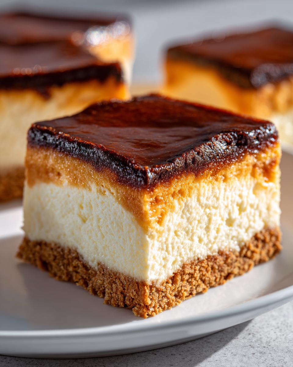 A square slice of creme brulee cheesecake showing a graham cracker crust, creamy filling, and torched top.