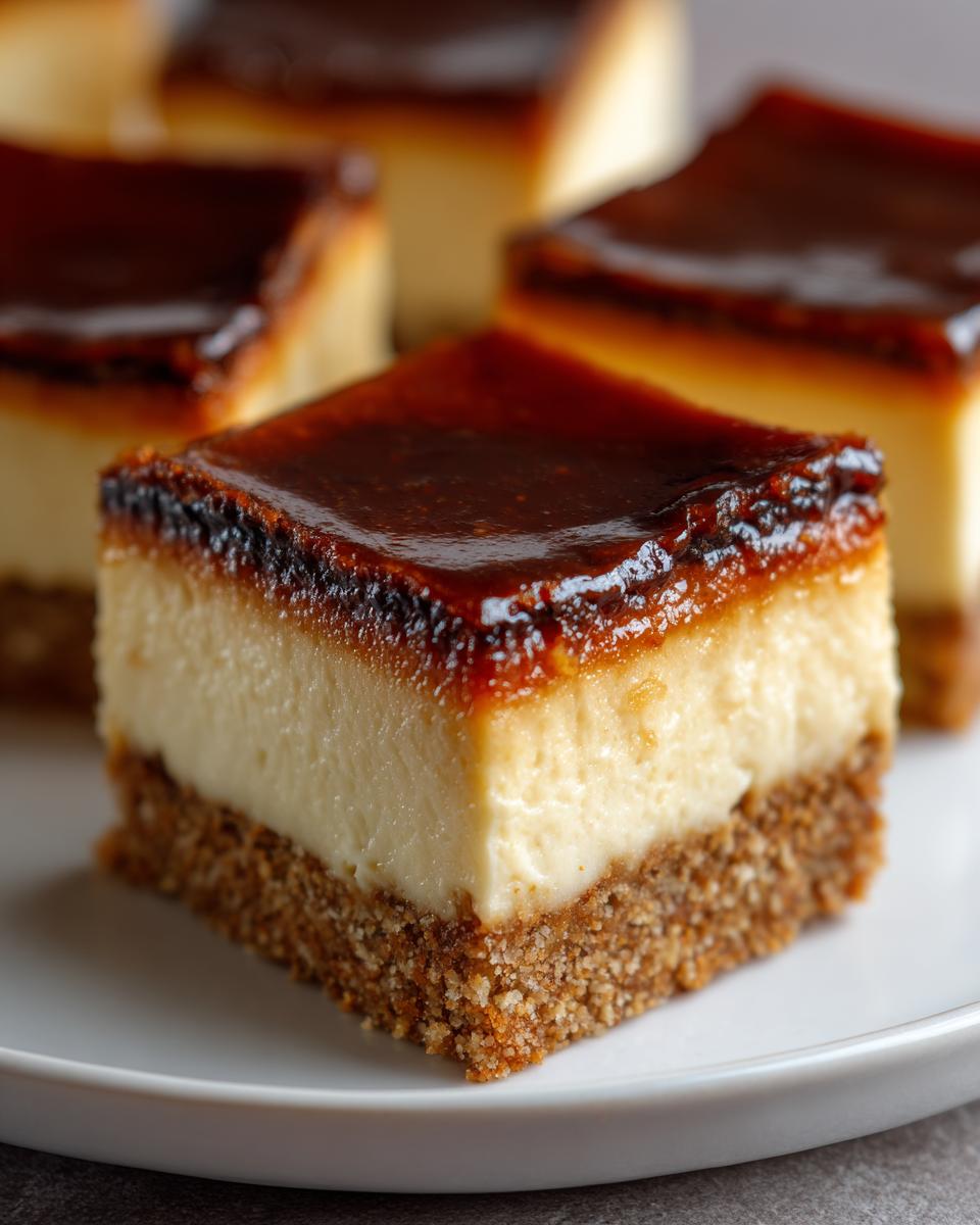 A square slice of creme brulee cheesecake with a thick graham cracker crust and a dark, caramelized sugar topping.