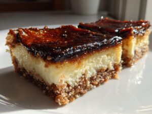 Two squares of creme brulee cheesecake bars with a thick, caramelized sugar topping on a white plate.