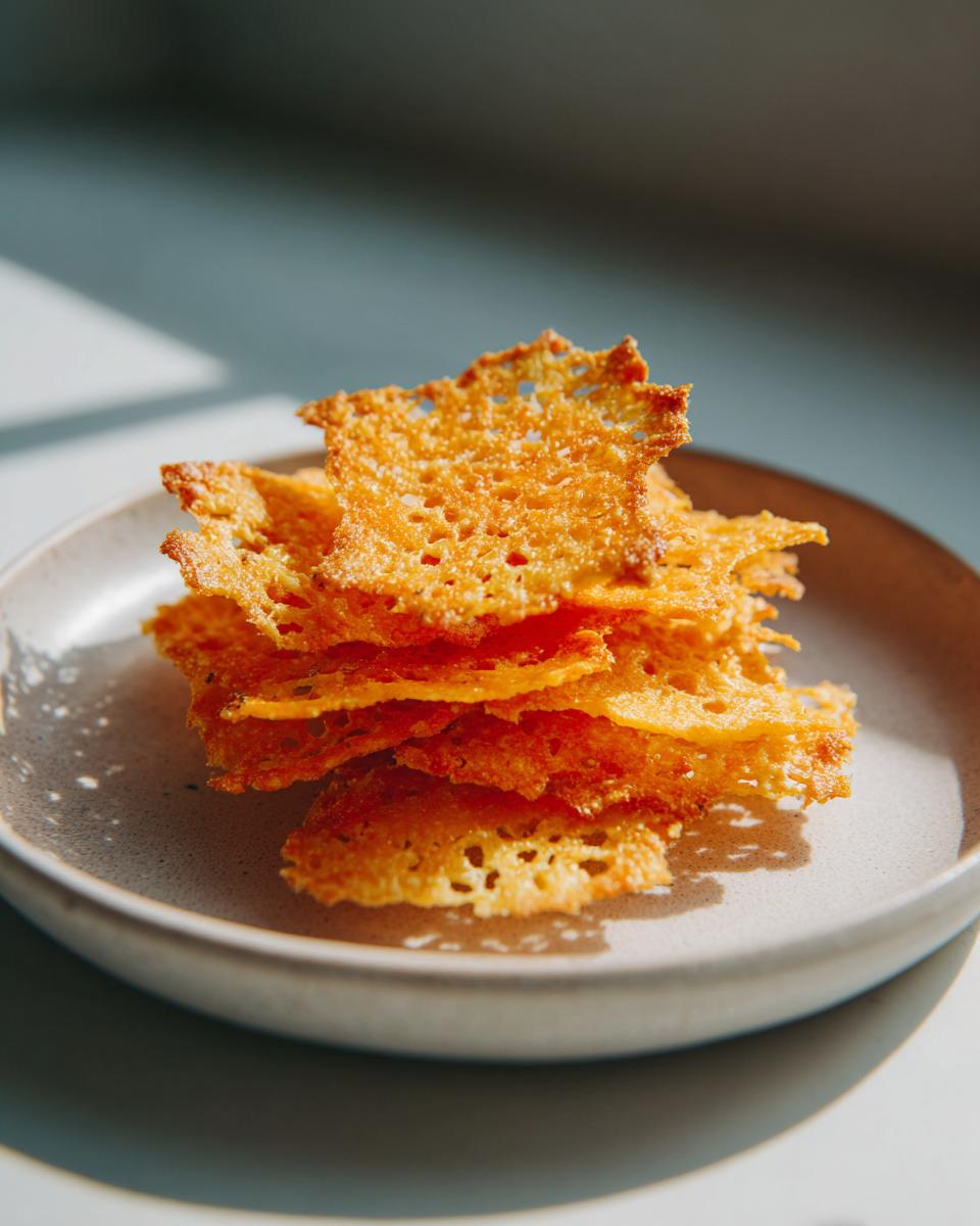 A stack of golden, crispy, homemade cheese crackers resting on a small, speckled ceramic plate.