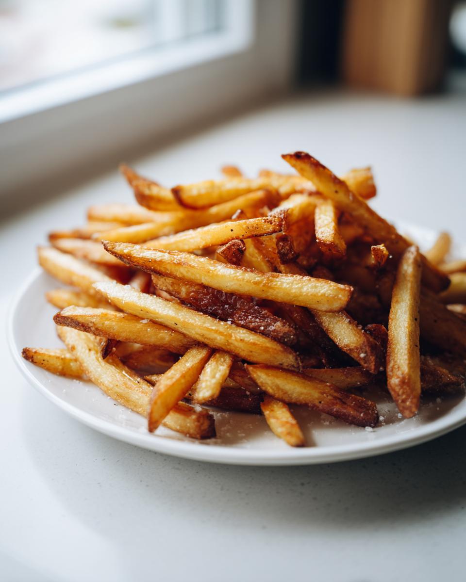 A close-up of a generous serving of golden, crispy air fryer french fries sprinkled with salt on a white plate.