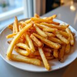 A close-up of a white plate piled high with golden, crispy air fryer french fries sprinkled with salt.