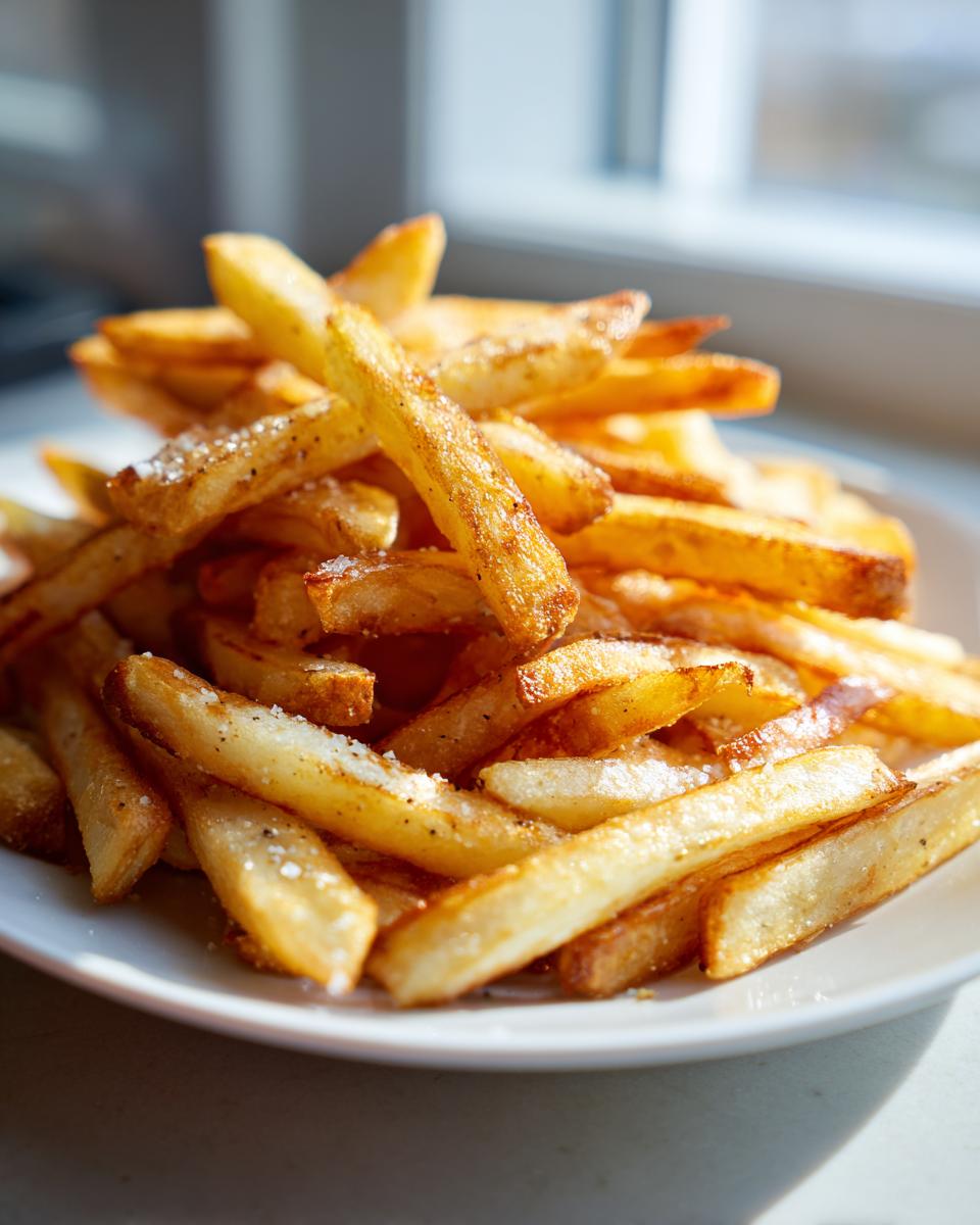 A close-up of a mound of golden, crispy air fryer french fries sprinkled with coarse salt.