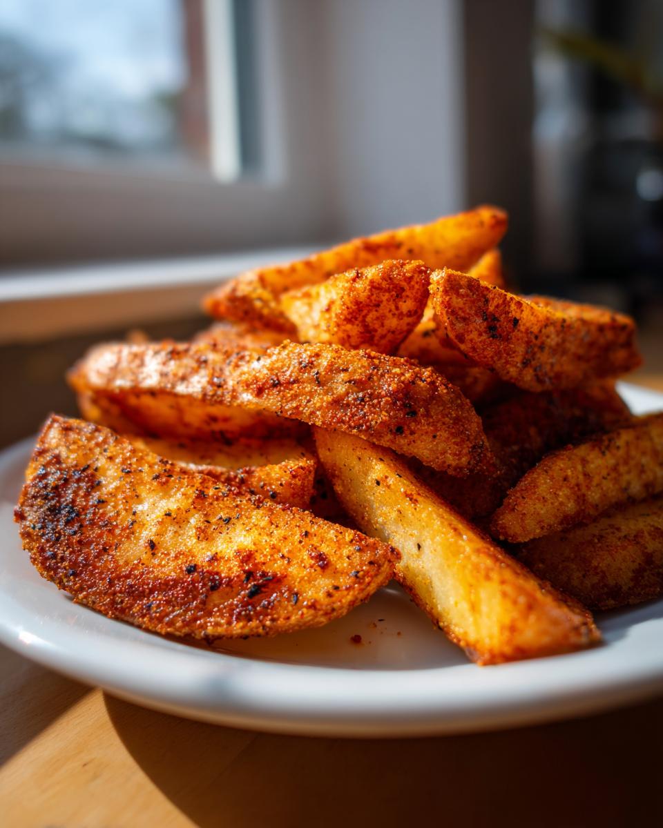A close-up of perfectly seasoned and crispy air fryer potato wedges piled high on a white plate.