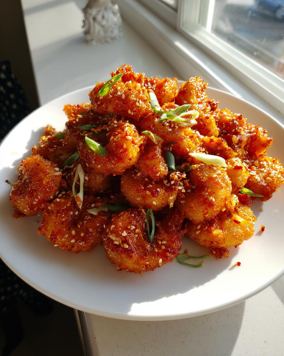 A mound of crispy, saucy bang bang shrimp garnished with sesame seeds and sliced green onions on a white plate.