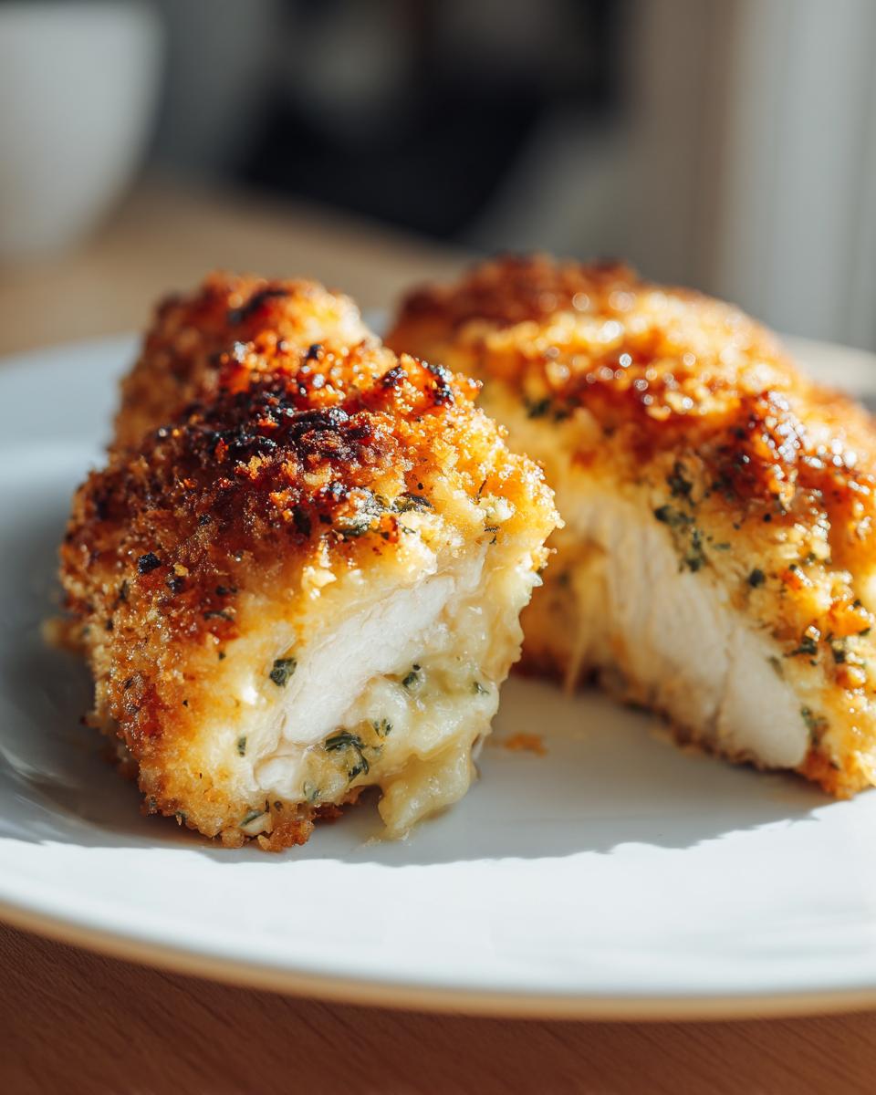 Close-up of a crispy, golden-brown caesar chicken breast cut in half, showing melted cheese filling inside.