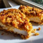 Two slices of juicy, white meat chicken covered in a thick, golden-brown, crispy cheddar coating.