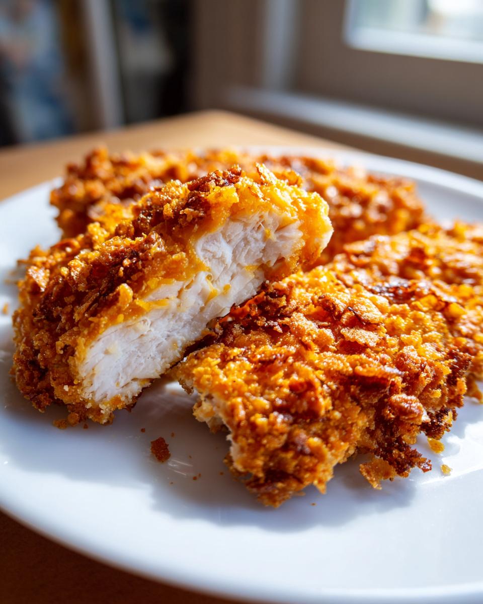 Close-up of crispy cheddar chicken, showing the white, juicy interior of the fillet and the crunchy, golden-brown coating.