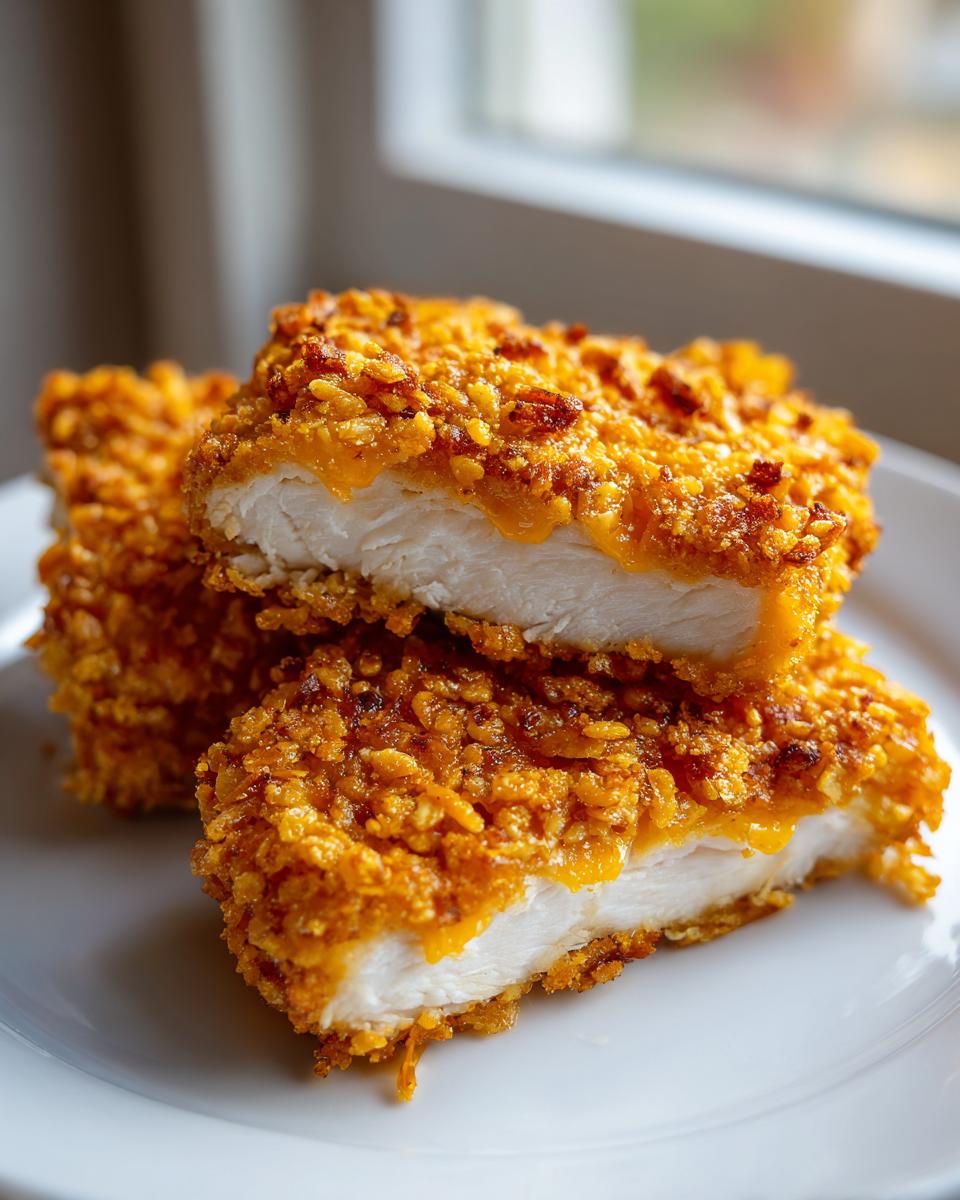 Two pieces of crispy cheddar chicken cut in half, revealing juicy white meat and melted cheese inside the crunchy coating.