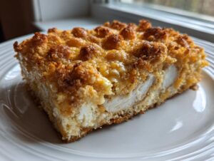 A thick slice of crispy cheddar chicken baked into a casserole, showing moist white chicken breast inside a golden, cheesy crust.