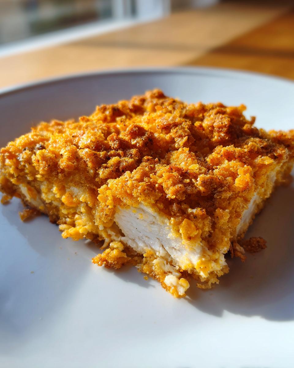 A square serving of crispy cheddar chicken showing the white interior meat and golden, crunchy topping.