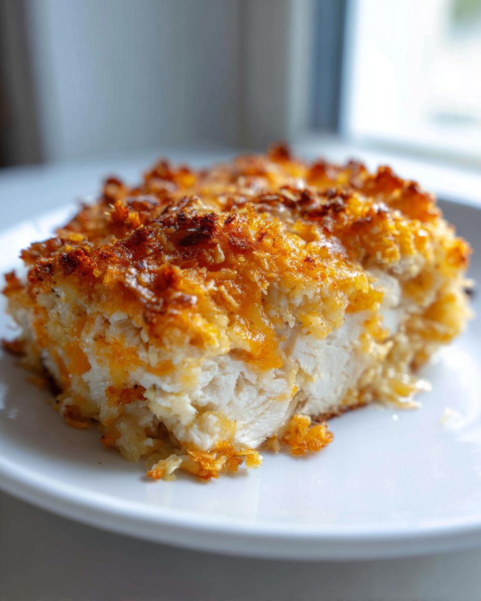 A close-up slice of juicy, white meat chicken topped with a golden, crispy cheddar crust, served on a white plate.