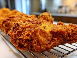 Close-up of a perfectly crispy, golden brown piece of fried chicken resting on a metal cooling rack.