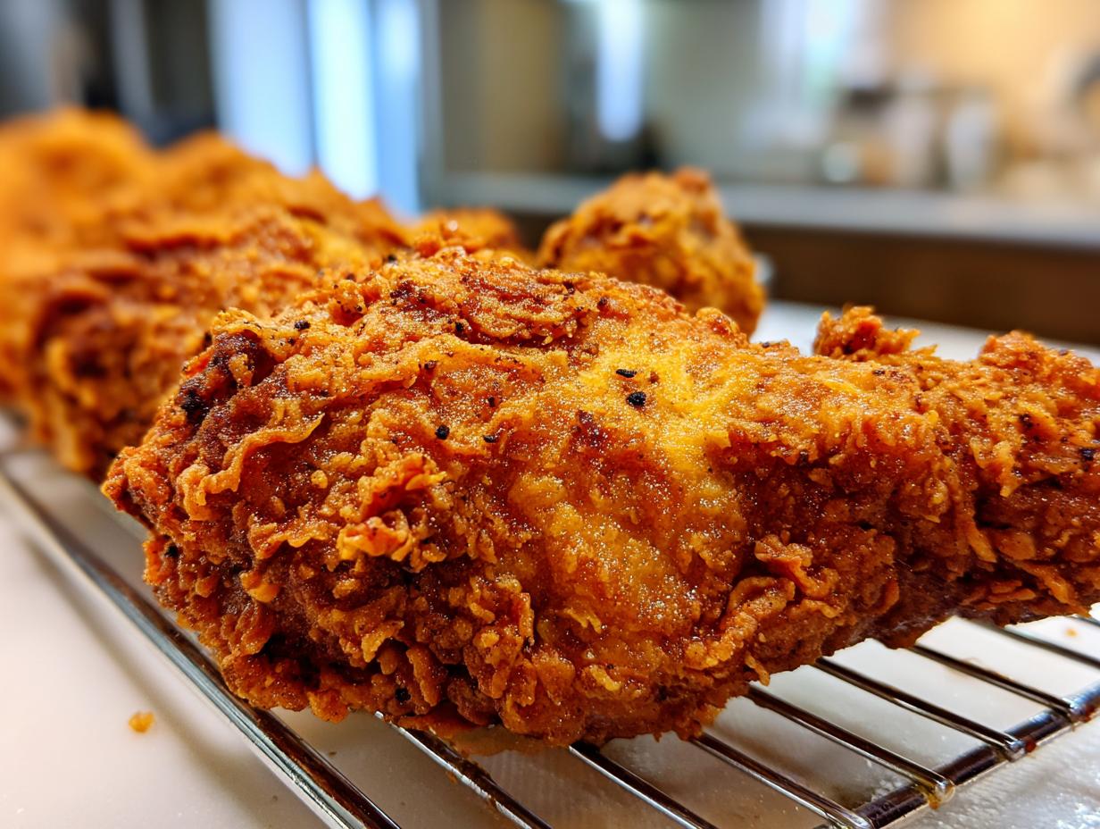 Close-up of a perfectly crispy, golden brown piece of fried chicken resting on a metal cooling rack.