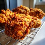 Close-up of several pieces of golden brown, crispy fried chicken draining on a wire rack.